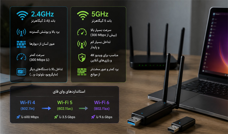 باندهای فرکانسی و استانداردهای وای فای (2.4GHz در برابر 5GHz)